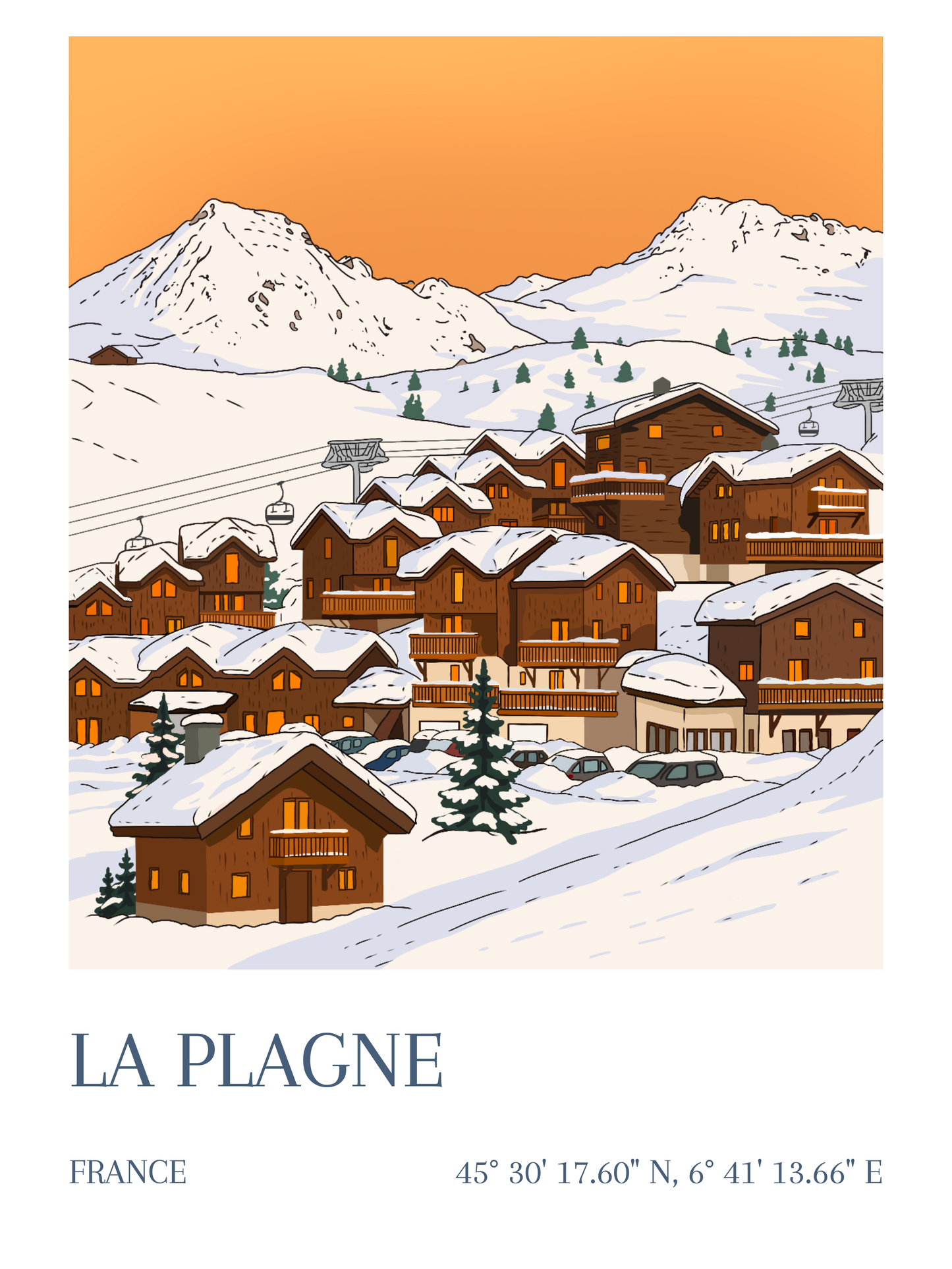 Affiche La Plagne montagne chalets enneigés Alpes