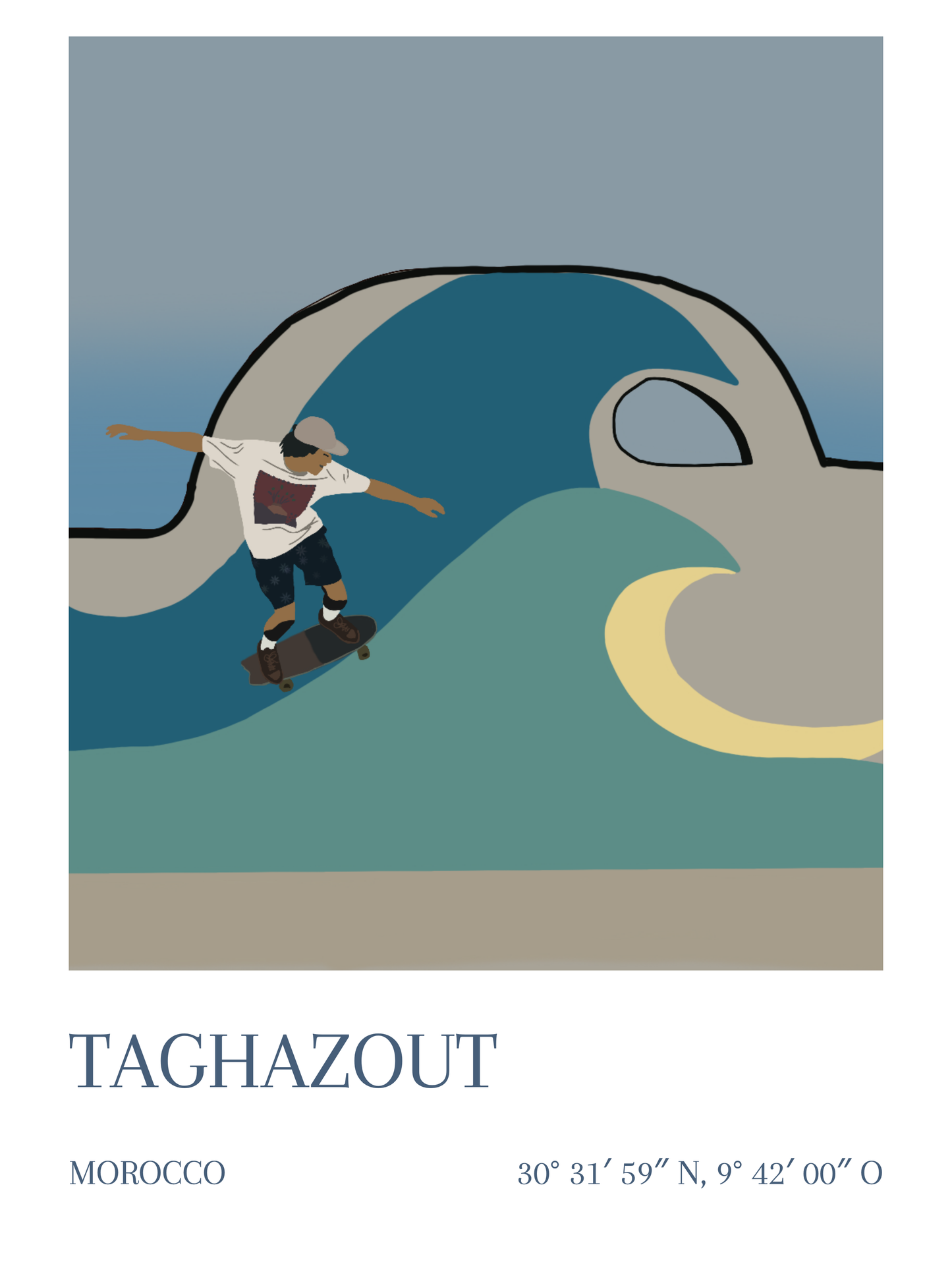 Affiche Taghazout Maroc skatepark et skateur