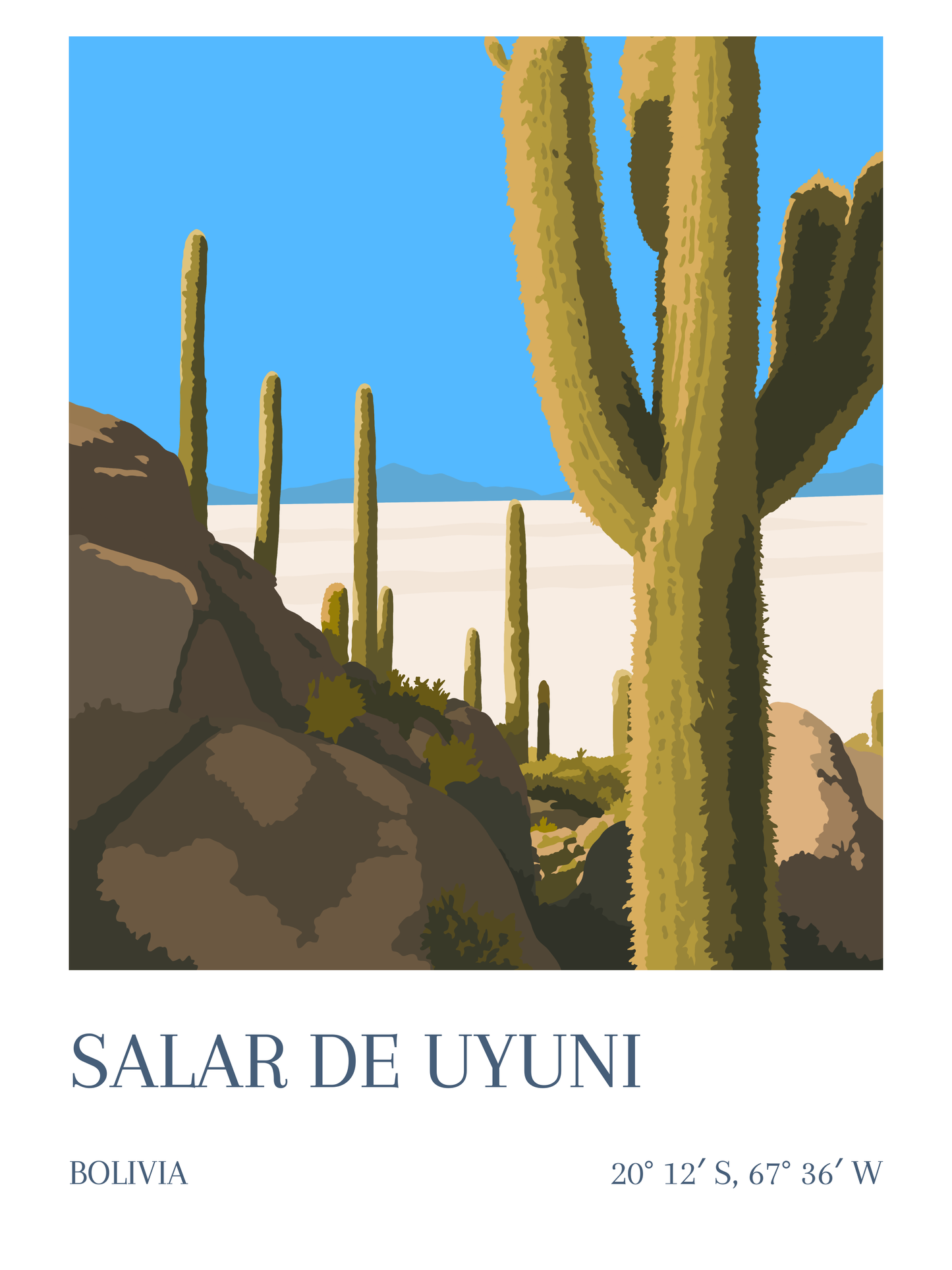 Affiche Salar de Uyuni Bolivie désert de sel et cactus